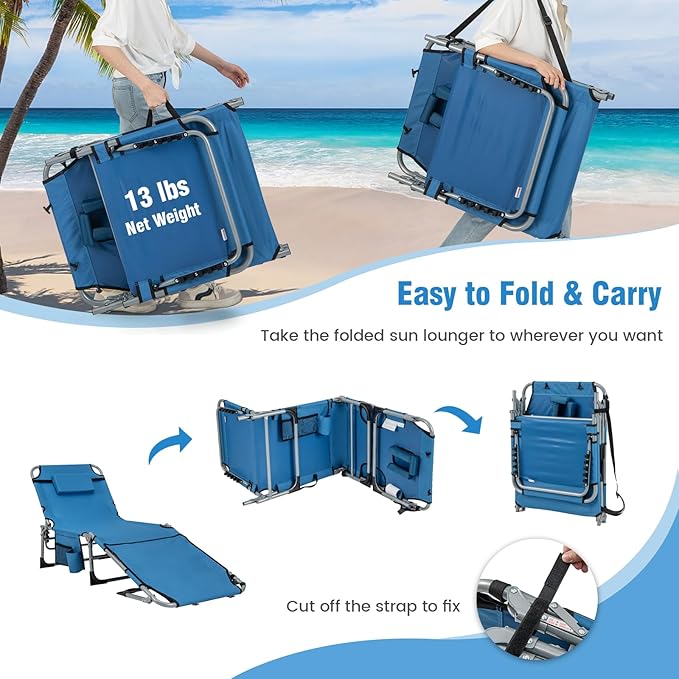 Giantex Tanning Chair, 330Lbs Patio Lounge Chair with 5 Adjustable Position, Face & Arm Hole, Hand/Shoulder Strap, Removable Pillow, Side Pocket, Chaise Lounger for Beach Sunbathing Outdoor, Blue