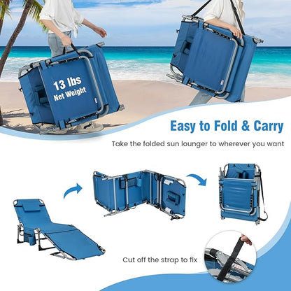 Giantex 2-Pack Tanning Chair with 5 Adjustable Position, Face & Arm Hole, Hand/Shoulder Strap, Removable Pillow, Side Pocket, 330 Lbs Capacity, Lounge Chair Outdoor for Beach, Sunbathing, Blue