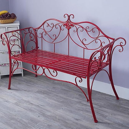 Metal Garden Bench, 52 in Outdoor Benches Weatherproof with Backrest and Armrests, 2 Seats Patio Benches for Front Porch, Patio, Park, Yard(Red)