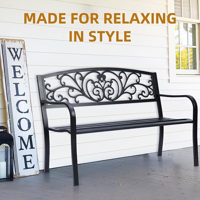 Simply Elegant Flora Metal Park Patio Bench, Outdoor Bench in Black for Porch, Lawn, Garden, Deck by Sun-Ray
