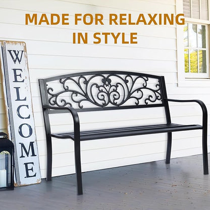 Simply Elegant Flora Metal Park Patio Bench, Outdoor Bench in Black for Porch, Lawn, Garden, Deck by Sun-Ray