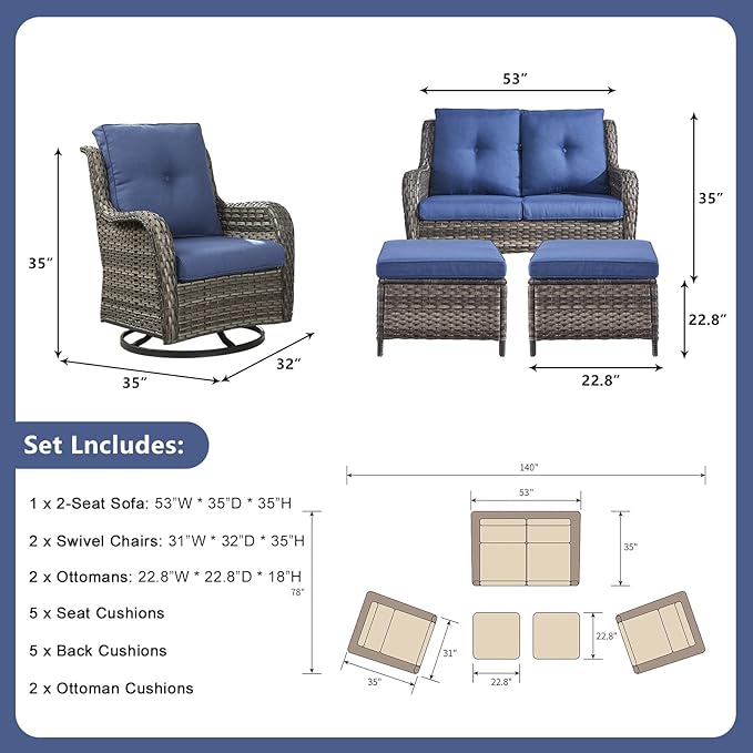 Rilyson Wicker Patio Furniture Set - 5 Piece Rattan Outdoor Sectional Conversation Sets with 2 Rocking Swivel Chairs - Photo 2