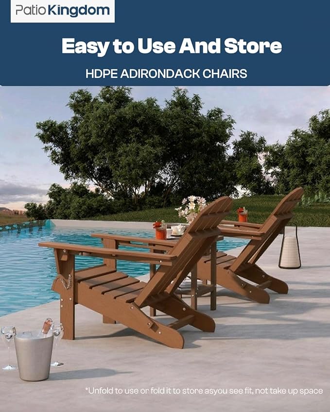 Brown 6-Piece Folding Adirondack Chair Set with Cup Holders, Ottomans, Side Table & Beige 9FT Patio Umbrella with Base, HDPE Outdoor Chairs