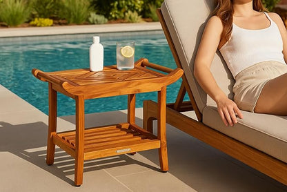 Luxury Teak Shower Bench Stool Seat Chair with Leveling Feet, Waterproof, Teak Oil Finish, Large, 25x19x14, for Bathroom, Spa, Sauna, Pool Deck, Patio, Garden, RV, from Our Diamond Collection