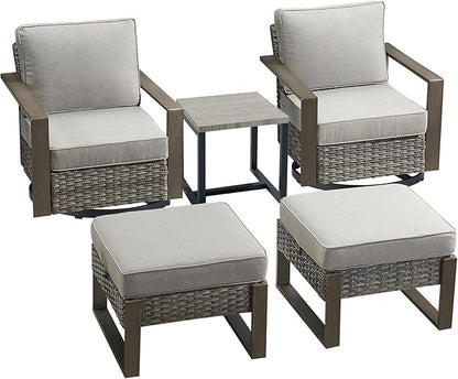 Rilyson Outdoor Wicker Patio Furniture Set - 5 Piece Patio Conversation Set with 2 Wicker Swivel Rocker Chairs,2 Ottoman, 1 Side Table, Thick Cushions, Deep Seating, Wide Armrest(Mixed Grey/Grey)