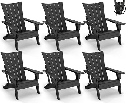GREENVINES Folding-Adirondack-Chairs-Set-of-6 | HDPE Plastic | Arch Series | Fire Pit Chair | All Weather | for Outdoor Patio Deck Backyard Poolside | Black