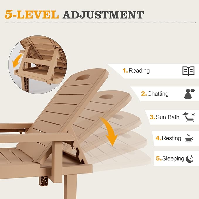 UDPATIO Outdoor Lounge Chair Set of 2 with Arms, Resin Reclining Patio Chaise with Side Table - 5-Position Adjustable Sunbed, Waterproof Pool & Beach Reclining Chair