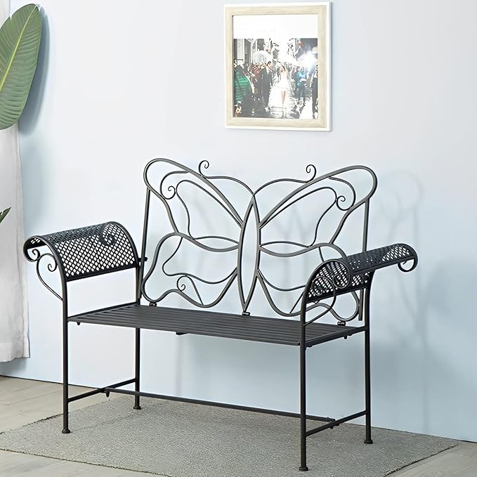 Small Outdoor Bench for Porch Metal Garden Benches with Butterflies Pattern Backrest and Armrests for Garden, Porch, Yard (White, Black, Blue) (Color : Black)
