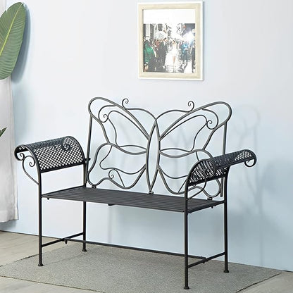 Small Outdoor Bench for Porch Metal Garden Benches with Butterflies Pattern Backrest and Armrests for Garden, Porch, Yard (White, Black, Blue) (Color : Black)