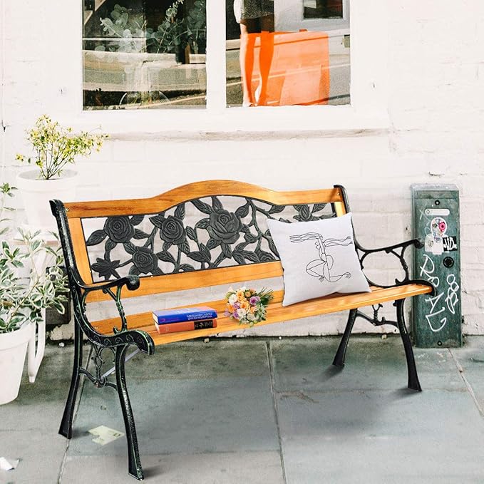 S AFSTAR Outdoor Garden Bench, Patio Bench with Large Rose Cast Backrest & Comfort Wood Seat, 470 LBS Load Capacity - Photo 2