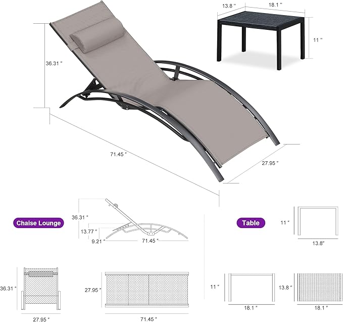 PURPLE LEAF Patio Oversized Chaise Lounge Chair Set with 2 Side Table Pool Adjustable Recliner Chairs for Outside Beach Outdoor Sunbathing Tanning Poolside Lounges