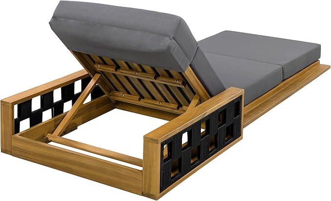 Merax Acacia Wood Patio Chaise Lounge Set of 4, Outdoor Reclining Chairs with 4-Position Adjustable Backrest, 4-Piece Sunbathing Recliner & 4" Thick Four-fold Cushion for Poolside, Garden, Dark Gray