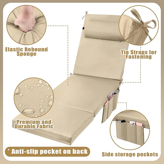 RattanView 2 Pcs Outdoor Chaise Lounge Cushion with Pillow and Side Pockets Waterproof Lounge Chair Cushions for - Photo 3