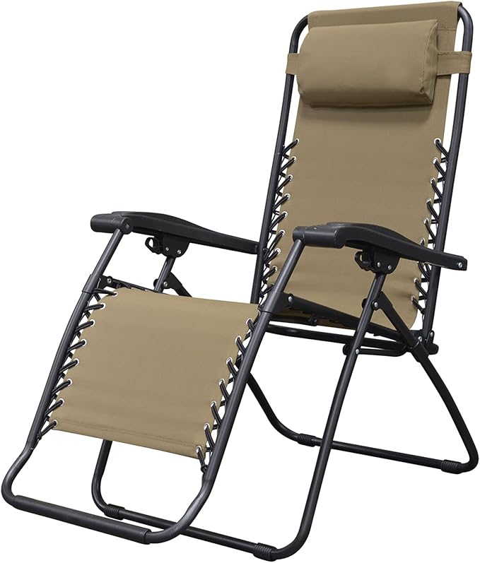 Caravan Sports Zero Gravity Outdoor Portable Folding Camping Lawn Deck Patio Pool Recliner Lounge Chair for Adults, Adjustable Headrest, Beige