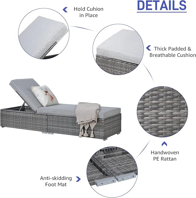 Patiorama Outdoor Patio Chaise Lounge Chair, Elegant Reclining Adjustable Pool Rattan Chaise Lounge Chair with Light Grey Cushion, Grey PE Wicker, Steel Frame