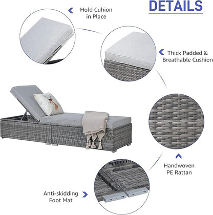 Patiorama Outdoor Patio Chaise Lounge Chair, Elegant Reclining Adjustable Pool Rattan Chaise Lounge Chair with Light Grey Cushion, Grey PE Wicker, Steel Frame