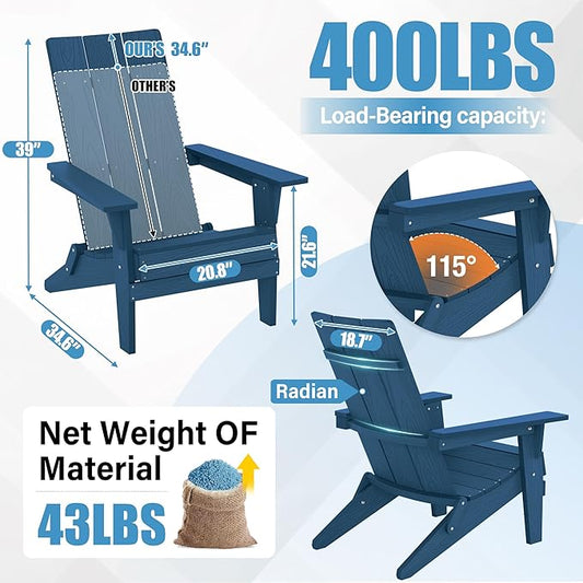 YEFU Adirondack Chairs Oversize Folding :400lb Weight Capacity - Plastic Adirondack Chairs - High Back Modern Like Wooden - All-Weather Use for Outdoor/Patio/Fire Pit/Garden/Camping - (Navy)
