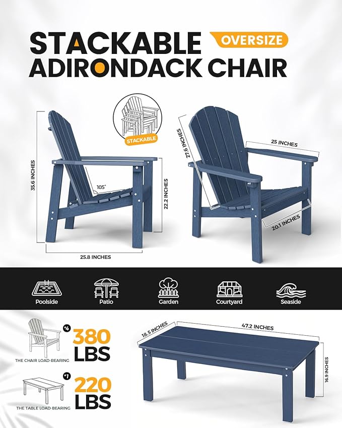 nevilywood 5-Piece HDPE Adirondack Chair Set, 4 Stackable Chairs Coffee Table, All-Weather Wood Grain - Photo 2