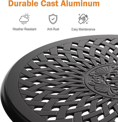 Round Outdoor Coffee Table, Cast Aluminum Side Table with Storage,Indoor End Table, All-Weather Bistro Table for Patio Garden Lawn,Black