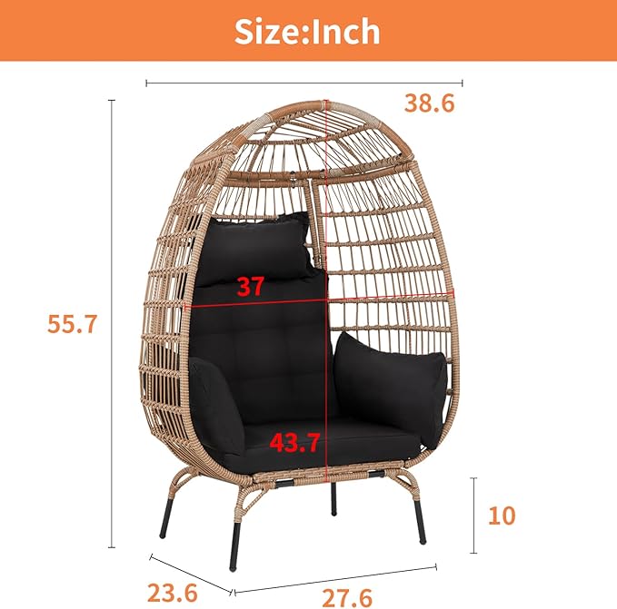 PayLessHere Egg Chair Egg Basket Rattan Chair Steel Frame Oversized Indoor Outdoor Lounger Simple Installation with 4 Comfort Cushion and Stand,352lb Capacity for Patio Garden Living Room，Black