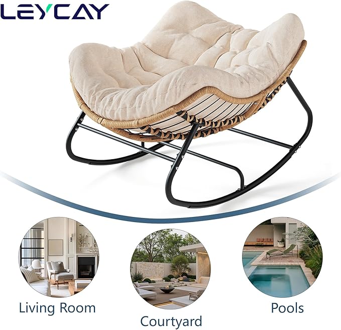 Outdoor Rocking Chair, Oversized Papasan Chair, Indoor Comfy Lounge Rocker with Cushion for Patio, Living Room, Porch, Balcony-Cream