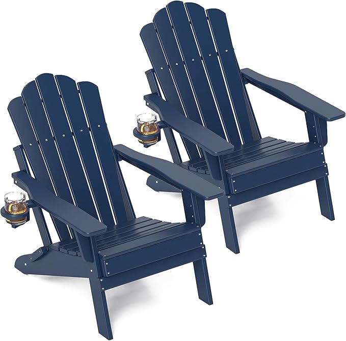 FOOWIN Adirondack Chair Set of 2, Folding HDPE Patio Chairs with Cup Holder, 400LBS Heavy Duty Outdoor Chairs for Fire Pit, Porch, Deck, Garden, Weather Resistant, Navy Blue