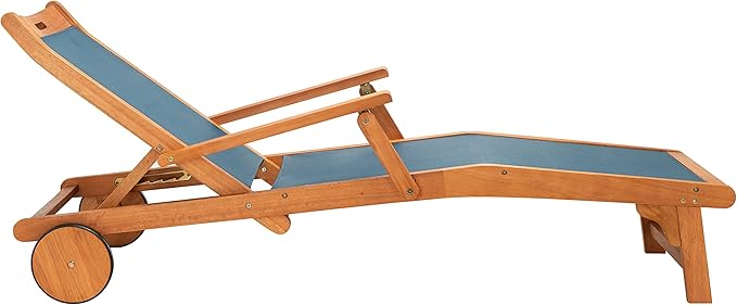 SAFAVIEH Outdoor Collection Kamson Natural Brown Solid Wood/Navy Fabric Adjustable Chaise Lounge Chair (PAT7071B) - Photo 4