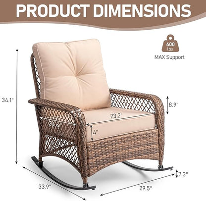 Outvita Outdoor Wicker Rocking Chair, Patio Rattan Rocker Chair w/Cushions & Steel Frame, All-Weather Rocking Lawn Wicker Furniture for Garden Backyard Porch Deck (Beige)