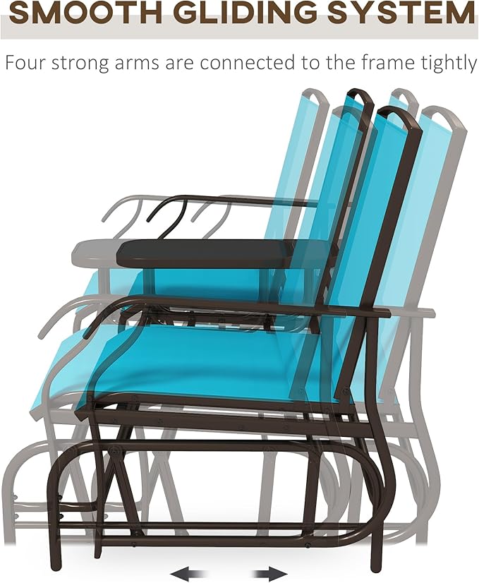 GOWE Outdoor Glider Bench with Center Table, Metal Frame Patio Loveseat with Breathable Mesh Fabric and Armrests for Backyard Garden Porch, Blue