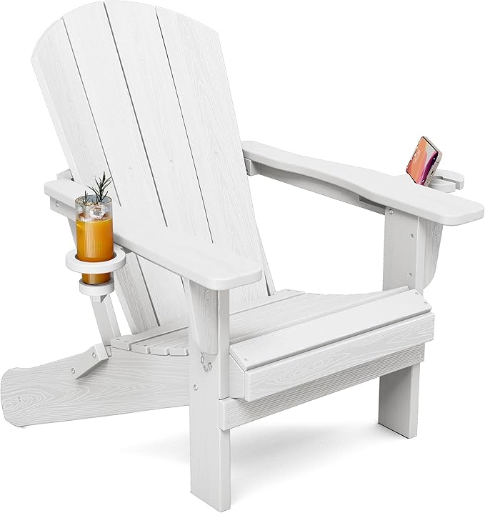 SERWALL Folding Adirondack Chair, Dual Cup Holders & All-Weather HDPE, Wood-Like Patio Chair for Backyard - Photo 1