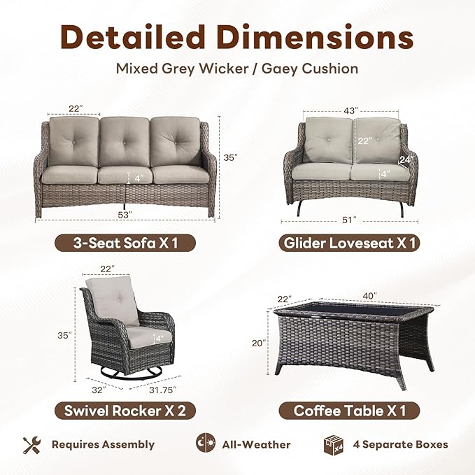Belord 5 Piece Outdoor Wicker Furniture, Patio Swivel Rocking Chairs with Loveseat and 3 Seat Sofa - Photo 2