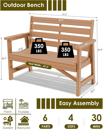 GREENVINES Outdoor Bench | 51.5’’ | HDPE | Garden Benches | Weatherproof | for Outdoors Patio Park Porch Outside Backyard | 2-Person | Teak