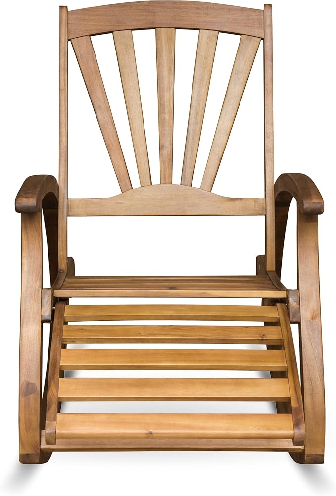 roomfitters Outdoor Wooden Rocking Chair with Slatted Back and Ergonomic Armrests, Classic Curved Base Design, Teak
