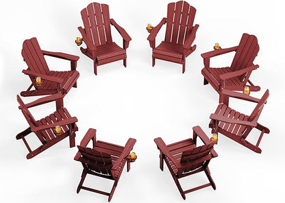 KINGYES Folding Adirondack Chair Set of 8, HDPE All-Weather Patio Chairs with Cup Holder, Wooden Textured Fire Pit Chairs for Poolside, Backyard, Deck, Red