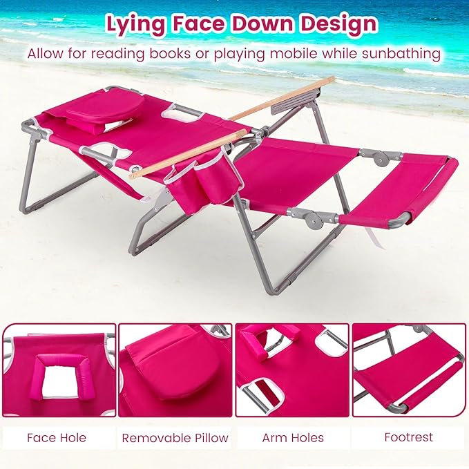 Goplus 3-in-1 Foldable Beach Chair, Lay-Flat Tanning Chair with Face and Arm Holes, Footrest, 330 lbs Heavy-Duty Portable Reclining Lounge Chairs for Outside, Camping, Patio, Poolside, Lawn (2,Red)