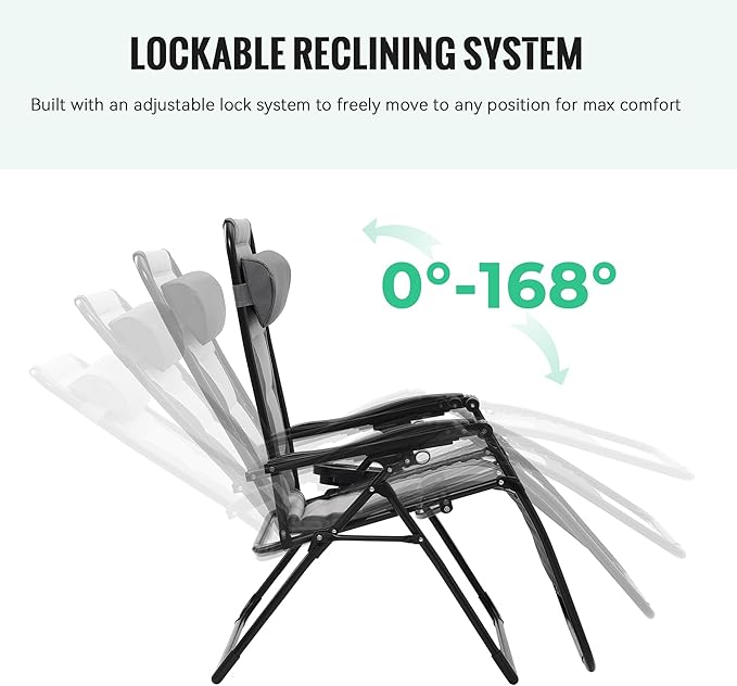 JEAREY Oversized Padded Zero Gravity Chairs Set of 2, Folding Lounge Chair Outdoor Patio Recliner, Anti Gravity Chair for Backyard - Gray/Light Gray