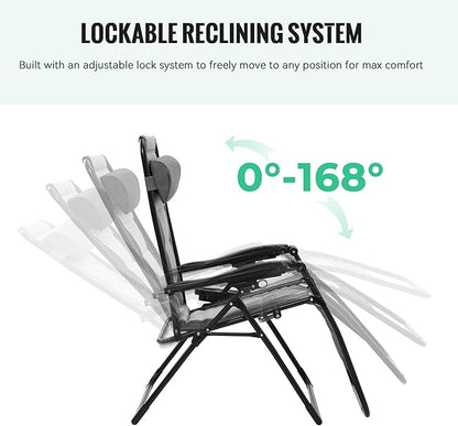 JEAREY Oversized Padded Zero Gravity Chairs Set of 2, Folding Lounge Chair Outdoor Patio Recliner, Anti Gravity Chair for Backyard - Gray/Light Gray