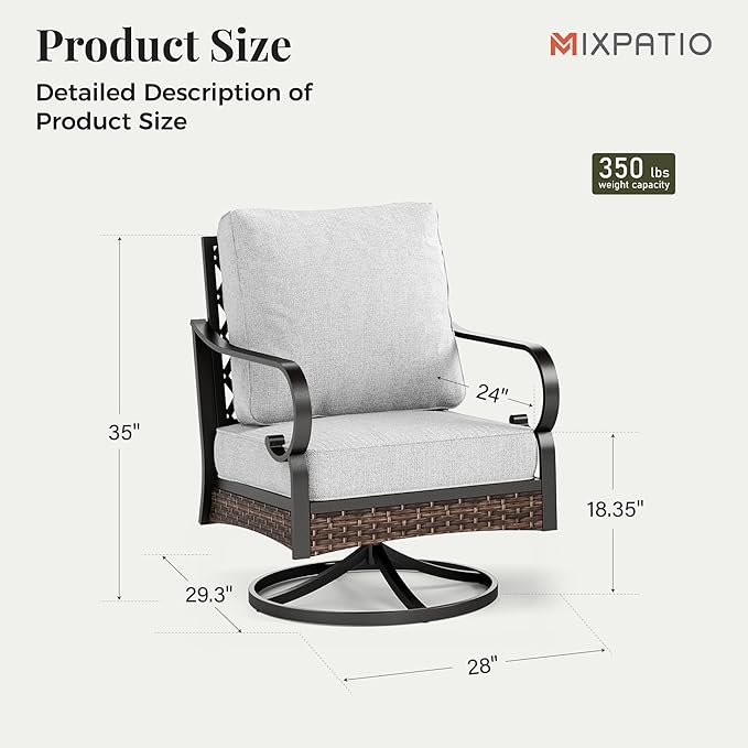 Patio Swivel Chairs Set of 2, Outdoor Sofa Chairs with Deep Seating and 5.75" Cushions, Steel Frame Porch Furniture for Lawn Backyard Deck, Light Grey