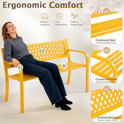 Outdoor Garden Bench, 47'' Outdoor Bench, Weather Resistant Garden Patio Bench Powder Coated Iron Frame w/PVC Mesh Backrest Slatted Seat, 2-Person Outdoor Furniture for Front Porch Entryway(Yellow)