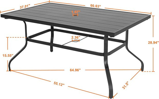 NUU GARDEN Outdoor 61" x 37" Rectangle Dining Table with 1.57" Umbrella Hole, 6-Person Steel Slat Outdoor Patio Table, for Patio, Garden, Backyard and Balcony, Black