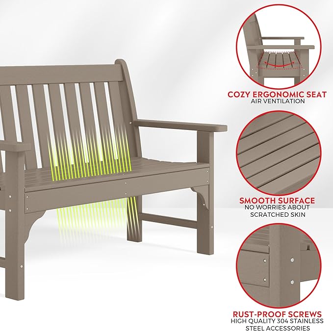 Costaelm Garden Bench, Farmhouse Park Front Porch for Entryway Bench Outdoor Seating Low Bench Patio Bench Outside/Indoor, Weathered Wood
