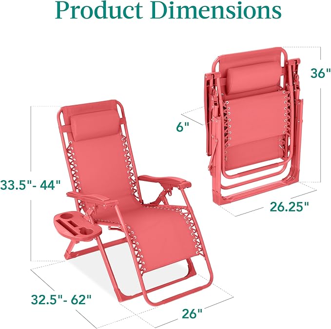 Best Choice Products Adjustable Zero Gravity Chair, Monochromatic Color Folding Patio Recliner w/Side Tray, Headrest - Coral