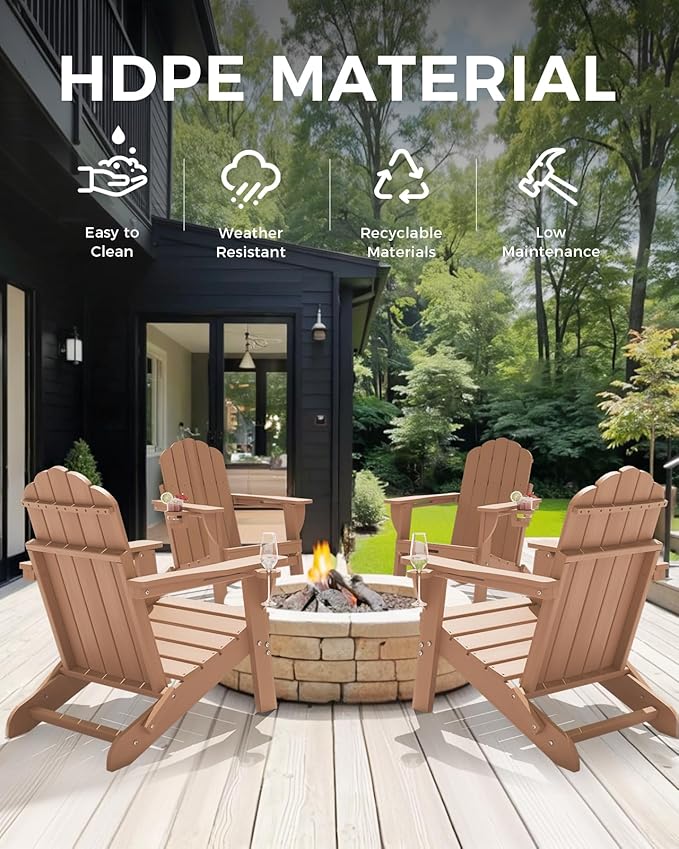 Adirondack Chairs Set of 2, Wood Texture Fire Pit Chairs, Plastic Adirondack Chairs with 2 Cup Holder - Photo 7