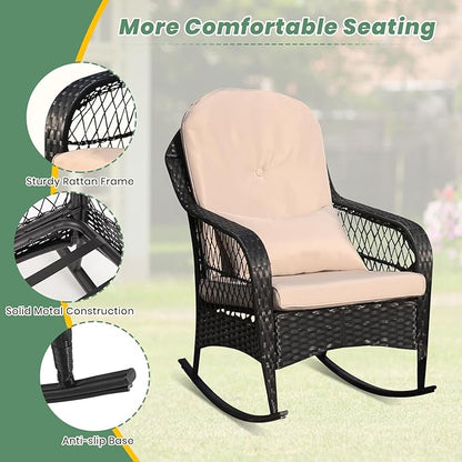 LVUYOYO Outdoor Rocking Chair, Patio Wicker Rattan Rocker Chair with Cushions, Rocking Wicker Furniture Set for Deck, Porch, Garden, Backyard (Khaki)