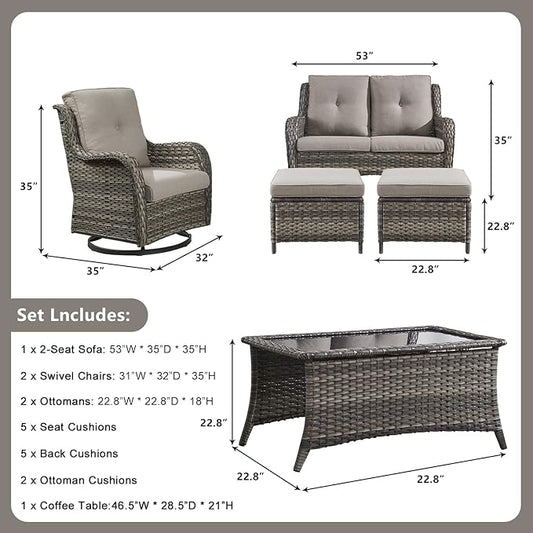 Patio Furniture Swivel Chairs Set - 6 Piece Wicker Rattan Outdoor Sectional Conversation Sets with 2 Swivel Rocking Chairs,2 Ottomans,1 Loveseat and 1 Coffee Table for Porch Deck(Mixed Grey/Grey)