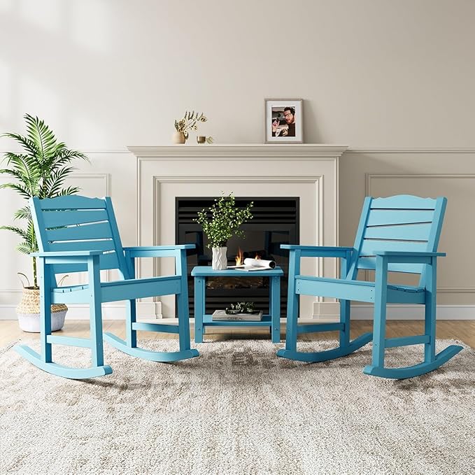 Patio Rocking Chair, Weatherproof HIPS Outdoor Rocking Chair for Adults, 400LBS Support Heavy Duty Porch Rocking Chairs for Garden, Lawn, Backyard, Outdoor and Indoor (Lake Blue)