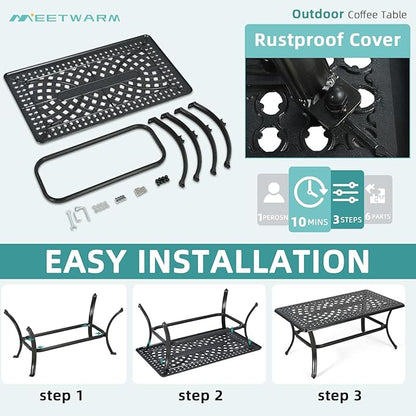 MEETWARM Outdoor Coffee Table, All-Weather Cast Aluminum 42" Rectangle Patio Coffee Table, 220 LBS Heavy Duty Patio Side Table for Balcony Poolside Deck Garden & Indoor Use, Dark Bronze