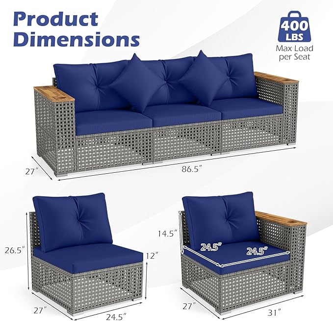 Tangkula 86.5" Large 3-Seat Patio Wicker Sofa, 3 Pieces PE Rattan Sectional Furniture Set with Cup Holder & Wood Armrest, Outdoor Couch Set with Armless & 2 Corner Sofas for Garden, Yard, Porch, Navy