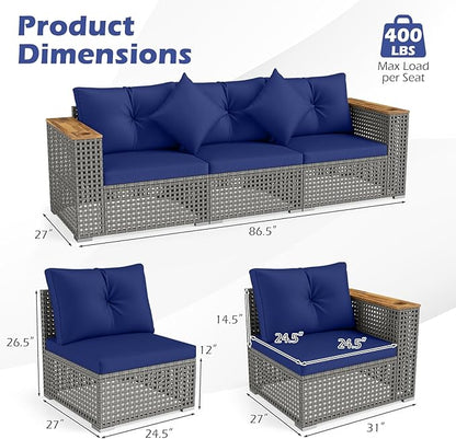 Tangkula 86.5" Large 3-Seat Patio Wicker Sofa, 3 Pieces PE Rattan Sectional Furniture Set with Cup Holder & Wood Armrest, Outdoor Couch Set with Armless & 2 Corner Sofas for Garden, Yard, Porch, Navy
