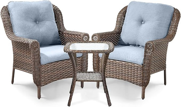 3 Piece Patio Brown Wicker Chairs with Side Table - Outdoor High Back Heavy Duty All-Weather Lawn Dining Rattan Chair - Photo 1